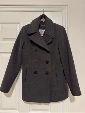 NWT Calvin Klein Charcoal Double-Breasted Wool Peacoat